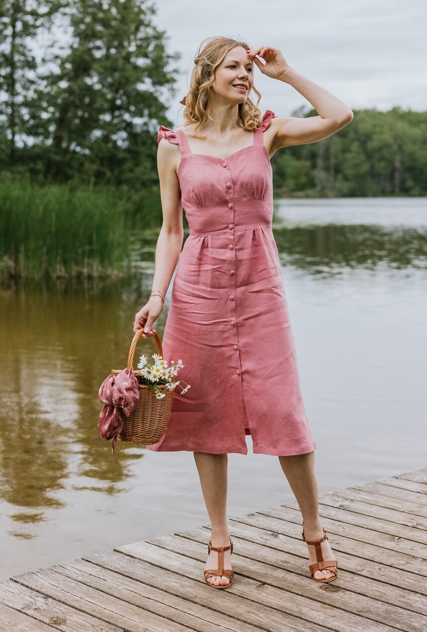 Lniana sukienka BELLA -rozm L- koktajl truskawkowy, dostępna od ręki